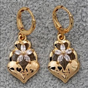 18K Gold Filled Hollow Heart Flower Topaz Laser Carving Earrings